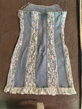 Denim Lace-Panel Mini Dress in Light Blue